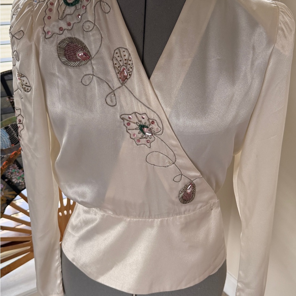 Vintage Elegant Cream Jewel Embroidered Wrap Top